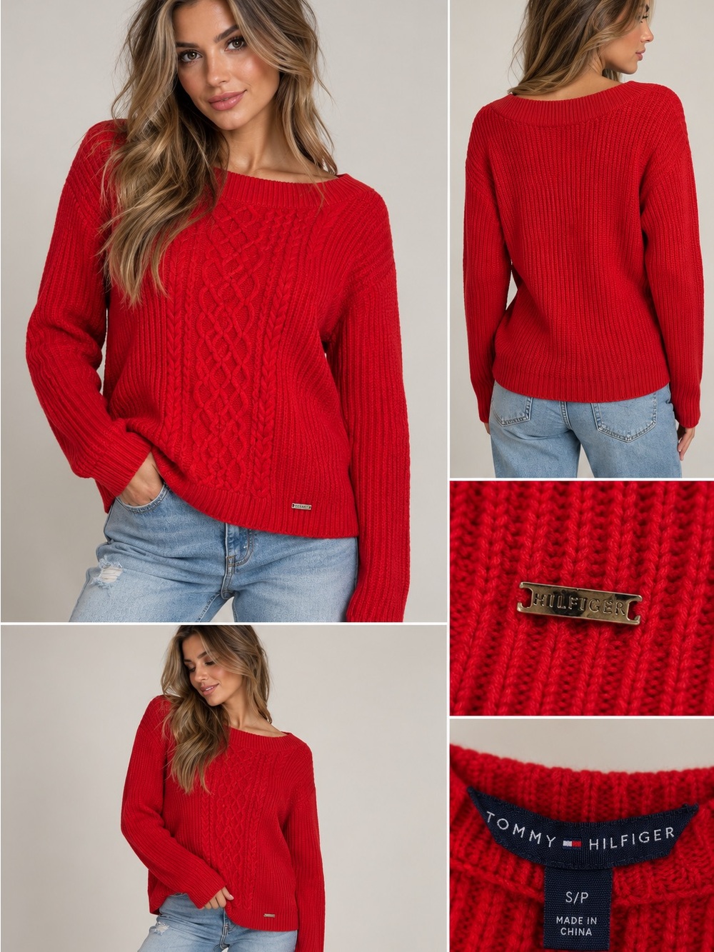 Tommy Hilfiger Red Cable Knit Boatneck Sweater